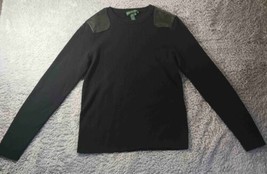 Lauren Ralph Lauren Black Crew Neck Sweater Leather Shoulder Patches Wom... - $31.37