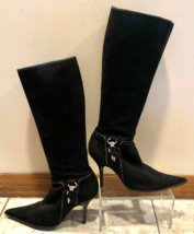 Black Suede Leather Tall Boot Shoe Silver Metal Embellishment Sz 8 Full ... - $125.00