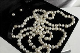 Vintage Estate Jewelry 46&quot; Fine White Pearl Necklace 8-9MM &amp; Pierced Earrings - £106.49 GBP