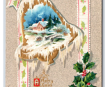 Merry Christmas Gilt Bell Landscape Holly Embossed UNP DB Postcard A16 - $3.91