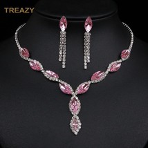 Fashion Leaf Tassel Wedding Jewelry Sets Charm Pink Crystal Choker Necklace Earr - £18.45 GBP