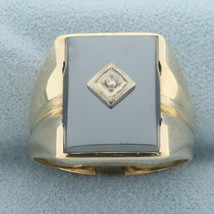 Mens Hematite and Diamond Signet Ring in 10k Yellow Gold - £277.78 GBP