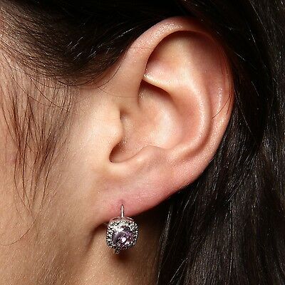 Primary image for Purple Amethyst Tiny Diamond Leverback Earrings 14k White Gold over 925 SS
