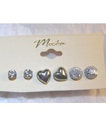 3 Pair of Silver Tone Stud Earring 2 Round w/Crystals, 1 Heart Shaped  #... - $5.39