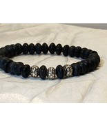 Dark Gray Stone Men&#39;s Bracelet on Stretchy Cord with Silver accent beads 6&quot; - £19.07 GBP