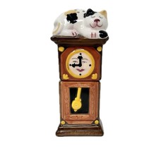 Cat Atop Grandfather Clock Salt &amp; Pepper Shaker Set Stacking Calico Kitty 6.5”H - £18.50 GBP