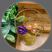 Gold Tone Faux Pearl Ribbon Flower Basket Brooch Pin • Vintage Jewelry - £6.89 GBP