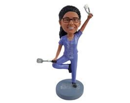 Custom Bobblehead Multitasking Yoga dentist wearing scrubs and holding a dental  - £71.14 GBP