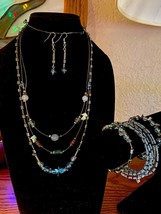 Ooak HEMATITE/CLEAR Blue Beaded Jewelry Necklace, 3 Bracelet &amp; Earrings - £25.95 GBP