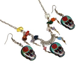 Day of the Dead Sugar Skull Graphic Dangle Earrings and Matching Multicolored Ch - £14.23 GBP