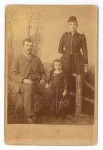 Antique c1880s Cabinet Card Lovely Family of Three.  Little Girl Holding Purse - £9.63 GBP