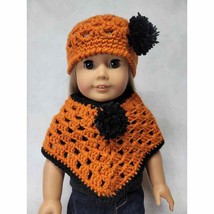Doll Clothes Poncho &amp; Hat Set Orange Black Pompom Fits American Girl &amp; 1... - £10.10 GBP
