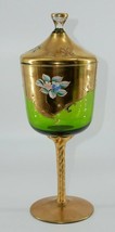 Large Vintage 13&quot; Bohemian Czech Emerald Green &amp; Gold Art Glass Compote Dish - £55.74 GBP