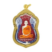 Lp Ruay Famous Monk Enamel Talisman Buddha Thai Amulet Magic Pendant Gold Case - $19.99
