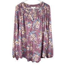 Coral Bay Floral V Neck Popover Top Long Sleeve Stretch Pleat Purple Womens 2X - £12.71 GBP