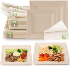 Compostable Party Paper Plates Set -[300 Pcs] 10 Inch&amp;8 Inch Square Brow... - £38.12 GBP