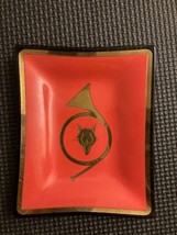 Vintage Trinket Dish French Horn Wolf Gold Trim 4.75&quot; x 4&quot; Red and Black - £6.50 GBP