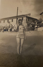 1939 Woman Girl Bathing Shiny Swimsuit Feet Water Sand Boardwalk BW Photo - £13.37 GBP