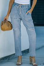 Sky Blue Gather Round Distressed Pocketed Denim Jogger - $35.59