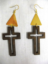 Dark Brown Wooden Cross Silhouette W Goldtone Accents Dangling Earrings - £4.77 GBP