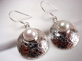 Pearl Round Convex Earrings 925 Sterling Silver Dangle Webbed Design Accents - $11.66