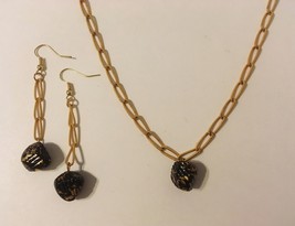 Beaded Earrings Necklace Set Black Gold Metal Chain Unique Handmade Pier... - $50.00