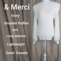 &amp; Merci Ivory Knit Shoulder Ruffled Detail Sweater Size L - £13.58 GBP