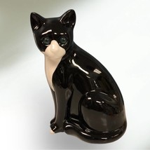 Vintage Elpa Alcobaca Portugal 10.5” Ceramic Black White Cat w/ Green Eyes - £43.80 GBP
