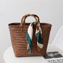 New portable large-capacity straw bag tote bag retro silk scarf hand-woven bag f - £39.68 GBP