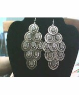 Silver Tone FILIGREE Oval DANGLES Aprx 3” Hook Earrings - $190.59 MXN