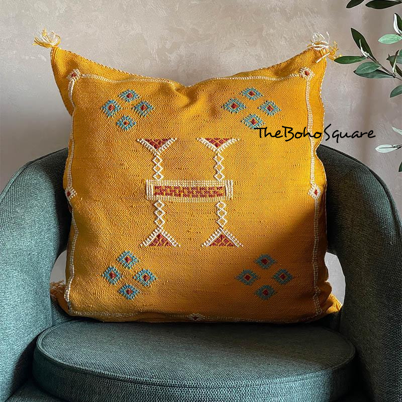 Primary image for Handmade & Hand-Stitched Moroccan Sabra Cactus Pillow, Moroccan Cushion, Yellow