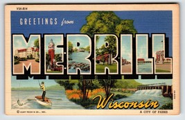 Greetings From Merrill Wisconsin Large Letter Postcard Curt Teich Fly Fishing - £13.01 GBP