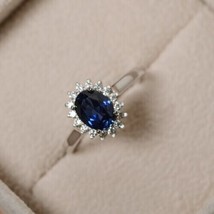 14k White Gold Plated 1.80 Ct Oval Simulated Blue Sapphire Engagement Halo Ring - £79.74 GBP
