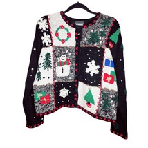 Womens Chunky Knit Quilt Ugly Christmas Sweater Cardigan Snowman Gifts Sz Medium - £15.42 GBP