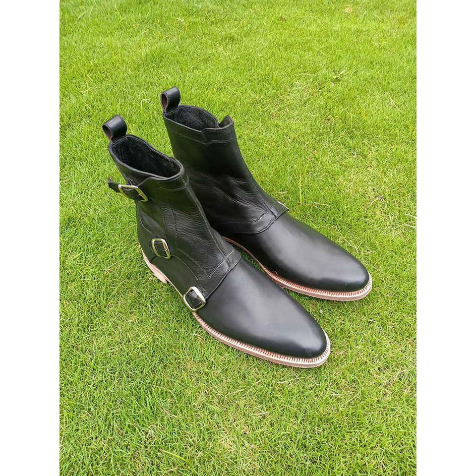 High Ankle Boots Black Color Triple Monk Strap Premium Leather Men's Handmade