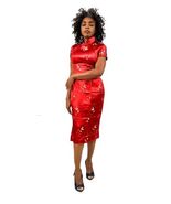 Vintage 1950s Red Satin Damask Qipao Cheongsam Wiggle Dress Blue Brocade XS - $346.45