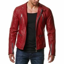 Chaqueta de motociclista de cuero Hombre Rojo Vintage Piel de cordero Racer... - £75.96 GBP