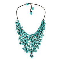 Handmade Natural Blue Turquoise Stone &amp; Pearl Waterfall Bib Necklace - £24.67 GBP