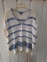 Chaps Denim Ivory &amp; Blue Southwest Print Knit Short Sleeve Fringe Poncho... - £15.56 GBP
