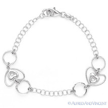 925 Sterling Silver Heart &amp; Circle Charm Link Italian Chain Bracelet Italy-Made - £22.36 GBP+