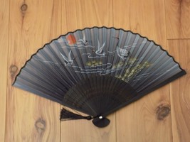 Japanese Art Print Silk Hand Folding Fan Fashion Decor Grey Crane Birds - $14.85