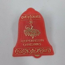 Vintage Keep Christian In Christmas Red &amp; Gold Tone Bell Lapel Hat Pin - £4.26 GBP