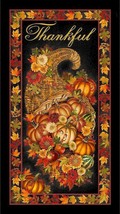 23.5&quot; X 44&quot; Panel Thankful Cornucopia Thanksgiving Black Cotton Fabric D514.56 - £20.59 GBP