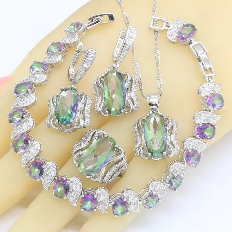 Silver Color Jewelry Sets for Women Rainbow Multi Color Topaz Bracelet Earrings  - $39.38