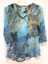 Soft Surroundings Tunic Floral Blue Green Size Medium Angled Hem Long Sleeves - £20.22 GBP