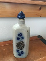 Vintage Gray with Blue Flower Glazed Pottery Bottle with Cork Lined Lid – 8.75 i - £15.49 GBP