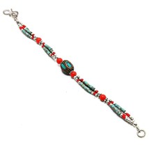 Tibetan Turquoise, Red Coral Gemstone Jewelry Bracelet Nepali 6-7&quot; SA 1337 - £4.77 GBP