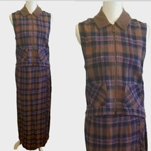 Vintage 90s Flannel Brown Plaid Maxi Skirt Set Vest Fringe Grunge  Sz S/M - $58.04