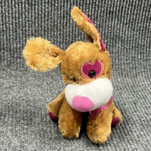 Valentine’s Day Puppy Dog 9” Plush Brown Glittery Pink Heart Eye Stuffed Toy - $13.54