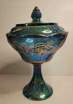 Blue Carnival Glass Candy Dish with Lid Harvest Grape Indiana Glass - $54.00